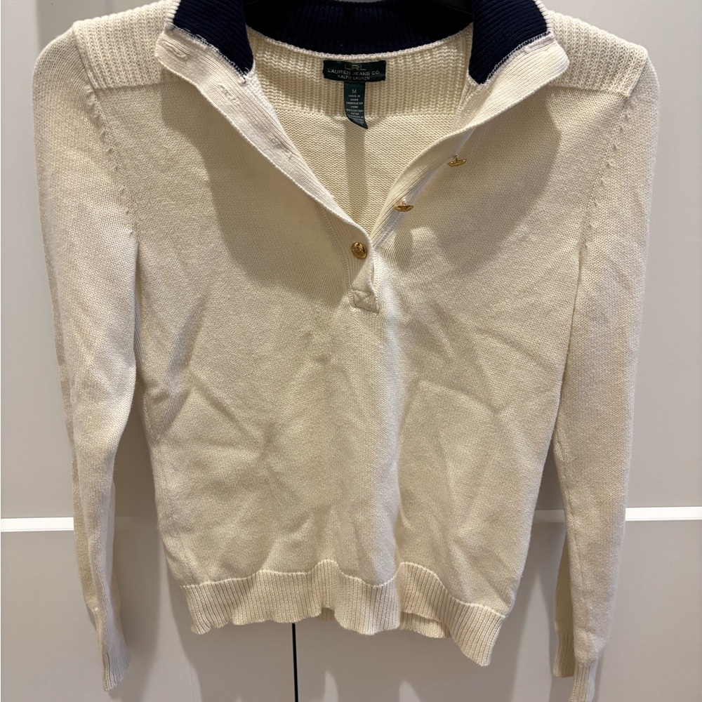 Vintage style Ralph Lauren Cream V-Neck Sweater with Navy Collar